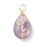 Natural Gemstone Pendants, Twisted with Golden Tone Copper Wire, Teardrop