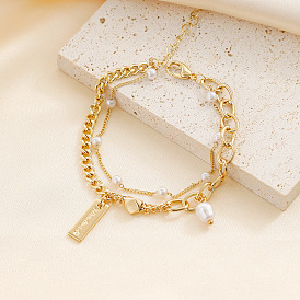 Alloy Charm Multi-strand Bracelets,Cuban Link & Cbale Chains Bracelets for Women, with Imitation Pearl Beads, Rectangle