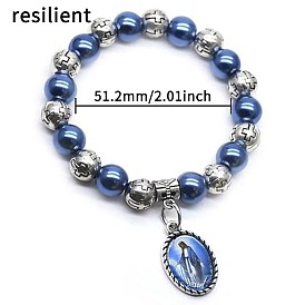 Bracelets extensibles à perles rondes en alliage et plastique avec breloque vierge religieuse, platine
