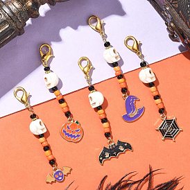 Хэллоуин тема сплава эмали кулон украшения, с крашеной синтетической бирюзой и стеклянными бусинами, застежками-клешнями