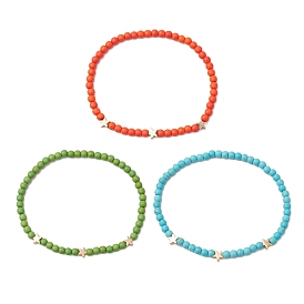 5Pcs 5 Colors Dyed Synthetic Turquoise Beads Stretch Bracelets for Women Men, with Brass Beads, Star