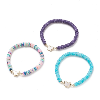 Polymer Clay Heishi Beads Stretch Bracelets, with Natural White Shell Links and Brass Beads, Butterfly, Golden