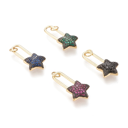 Brass Micro Pave Cubic Zirconia Pendants, with Jump Rings, Long-Lasting Plated, Real 18K Gold Plated, Star
