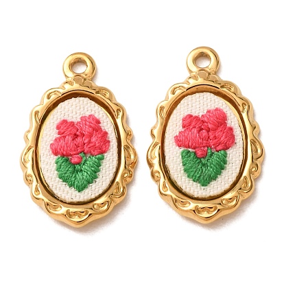304 Stainless Steel & Cloth Embroidered Pendants, Scalloped Oval with Rose Flower Charms, Ion Plating(IP), Long-Lasting Plated, Real 18K Gold Plated