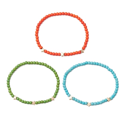 5Pcs 5 Colors Dyed Synthetic Turquoise Beads Stretch Bracelets for Women Men, with Brass Beads, Star