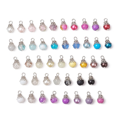5Pcs Glass Pendants, Round, with Iron Bead Caps and Flat Head Pins Loop
