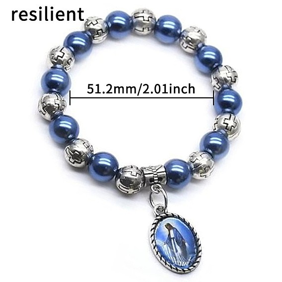 Religion Virgin Charm Alloy and Plastic Round Beaded Stretch Bracelets, Platinum