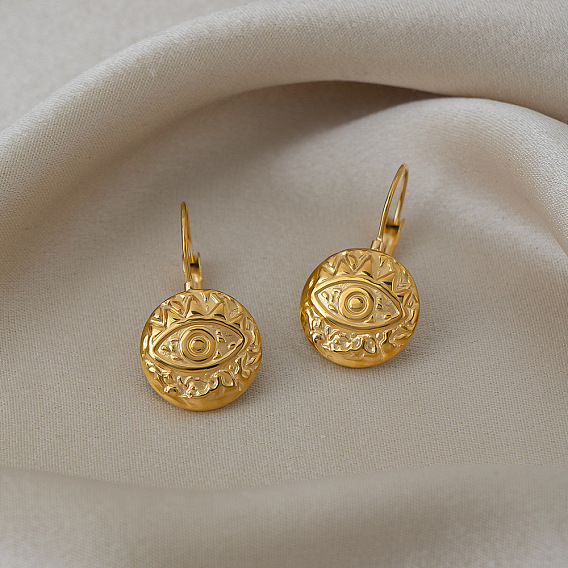 304 boucles d'oreilles dormeuses en acier inoxydable pour femme, ronde avec le mauvais œil