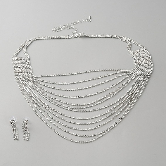 Комплекты из серег-гвоздиков и многослойных ожерелий из сплава стразов для женщин