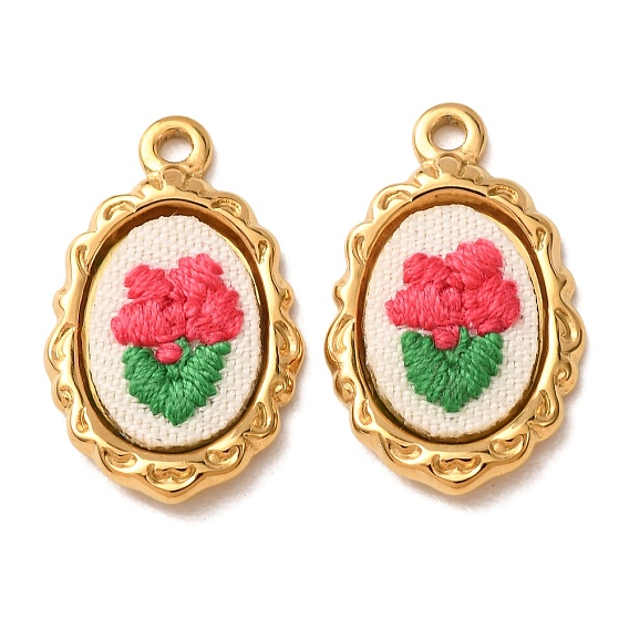 304 Stainless Steel & Cloth Embroidered Pendants, Scalloped Oval with Rose Flower Charms, Ion Plating(IP), Long-Lasting Plated, Real 18K Gold Plated