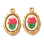 304 Stainless Steel & Cloth Embroidered Pendants, Scalloped Oval with Rose Flower Charms, Ion Plating(IP), Long-Lasting Plated, Real 18K Gold Plated