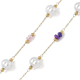 304 кабельные цепи из нержавеющей стали, с ракушкой deyd и имитацией жемчуга abs, ионное покрытие (ip), реальный 18 k позолоченный, пайки, с катушкой, круглый с чипсами