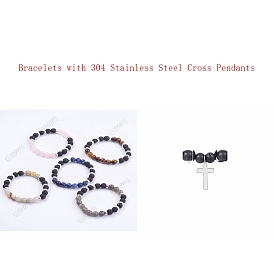 304 Stainless Steel Cross Charm Bracelets, Natural Gemstone & Alloy Bead Round Beads Stretch Bracelets for Women