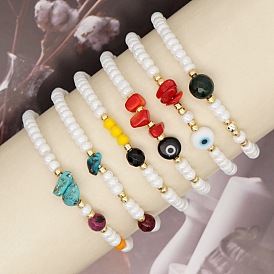 Boho Natural Stone Acrylic Eye Couple Bracelet with White Rice Beads