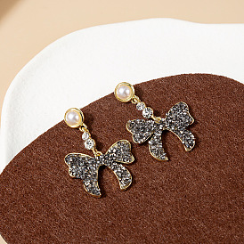 Black Obsidian Tassel Earrings with Stylish and Cool Butterfly Bow, Pearl Inlaid Diamond Studs for Chic Fashion Look