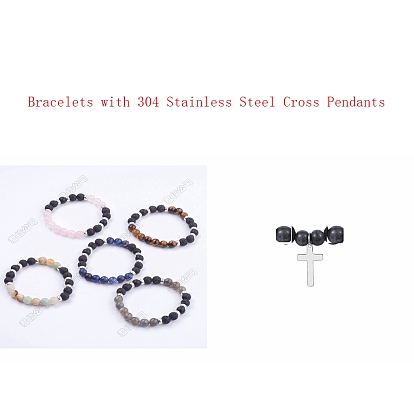304 Stainless Steel Cross Charm Bracelets, Natural Gemstone & Alloy Bead Round Beads Stretch Bracelets for Women