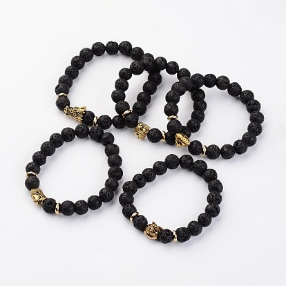 Round Natural Lava Rock Stretch Bracelets, with Mixed Shape Tibetan Style Alloy Beads, 55mm