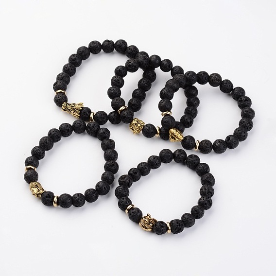 Round Natural Lava Rock Stretch Bracelets, with Mixed Shape Tibetan Style Alloy Beads, 55mm