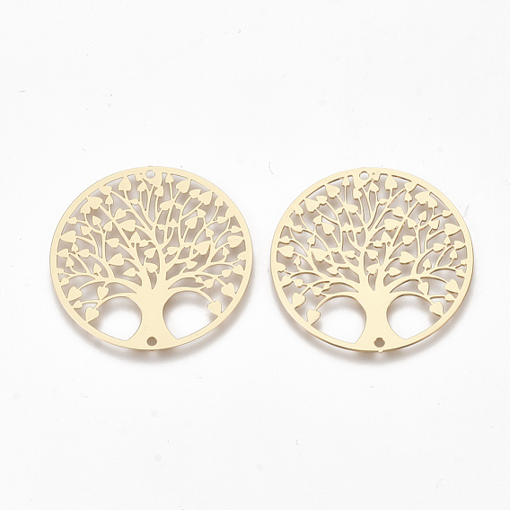Brass Links Connectors, Etched Metal Embellishments, Flat Round with Tree