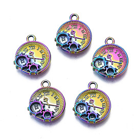Rack Plating Rainbow Color Alloy Pendants, Cadmium Free & Nickel Free & Lead Free, Flat Round Clock