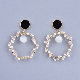 Pendientes de perlas colgantes de imitación de perlas de latón y abs, con abalorios de ojos de gato, tuercas de esmalte y latón