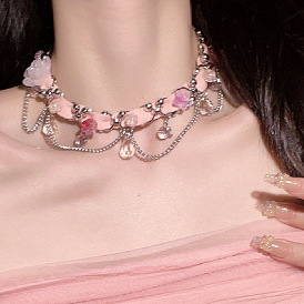 Collier de perles de fleurs roses, double couche, pendentif ras du cou pour filles