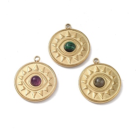 Vacuum Plating 201 Stainless Steel Gemstone Pendants, Real 18K Gold Plated, Flat Round with Eye Charms