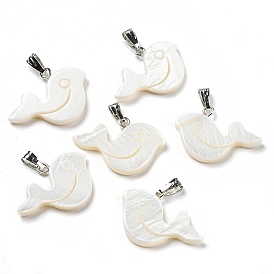 Natural Freshwater Shell Pendants, Whale Charms with Platinum Plated Alloy Snap on Bails