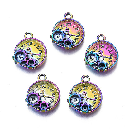 Rack Plating Rainbow Color Alloy Pendants, Cadmium Free & Nickel Free & Lead Free, Flat Round Clock
