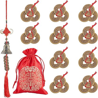 Pendant Decorations Sets, Including Polyester Cords, Alloy Bell & Copper Cash and Rectangle Damask Pouches
