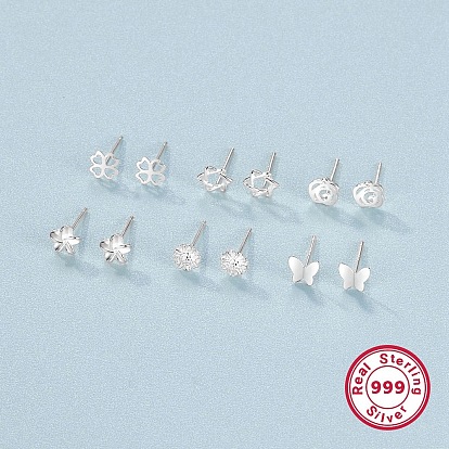 6 Pairs 6 Style 999 Fine Silver Stud Earrings Sets for Women, Hollow Clover & Star & Flower & Butterfly
