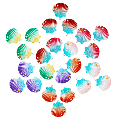 24Pcs 6 Colors Opaque Resin Pendants, with Platinum Tone Iron Loop, Two Tone, Shell with Star