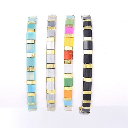 Rectangle Glass Seed Beads Stretch Bracelets, Mixed Style