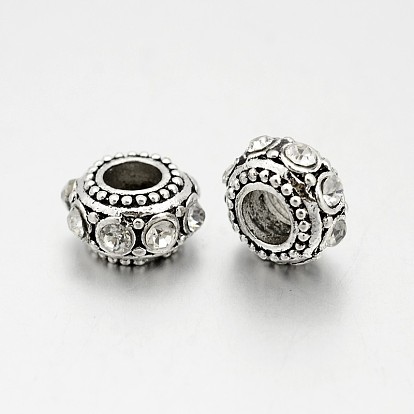 Antique Silver Plated Alloy Rhinestone Beads, Large Hole Rondelle Beads