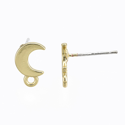 Alloy Stud Earring Findings, with Loop and Steel Pin, Moon with Plastic Protective Cover
