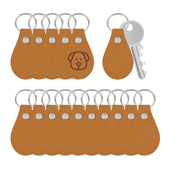 16Pcs Teardrop PU Leather Keychains, with Iron Split Key Ring, Platinum