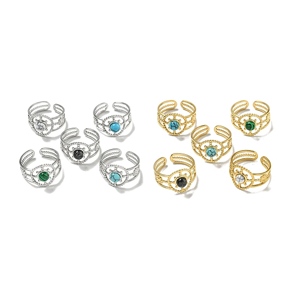 304 открытые манжеты из нержавеющей стали, Кольца на круглые пальцы с синтетическим малахитом и бирюзой для женщин и мужчин