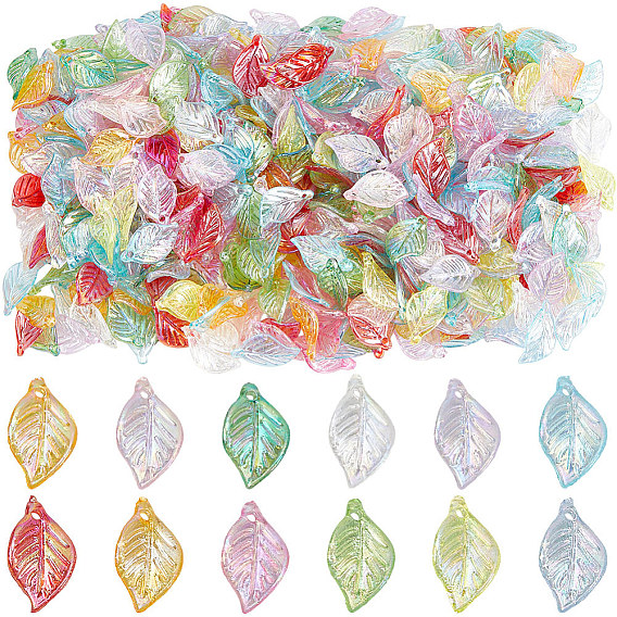 100Pcs Transparent Acrylic Pendants, AB Color Plated, Leaf Charms