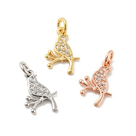 Bird Brass Micro Pave Clear Cubic Zirconia Pendants, with Jump Rings, Cadmium Free & Lead Free
