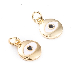 Brass Enamel Charms, with Jump Rings, Long-Lasting Plated, Flat Round with Evil Eye