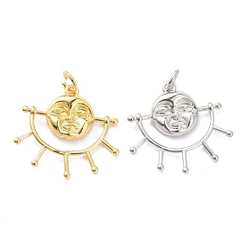 Brass Charms, with Jump Ring, Long-Lasting Plated, Sun with Face