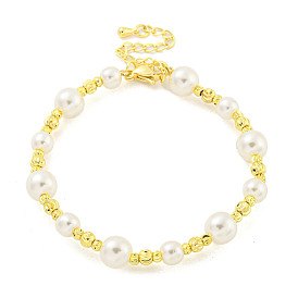 Rack Plating Grooved Round Brass Beaded Bracelets, Round ABS Imitation Pearl Bracelets for Women, Cadmium Free & Lead Free, Long-Lasting Plated