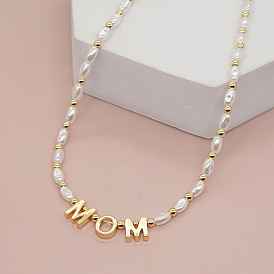 Chic and Elegant Metal Letter Beaded Necklace for Mother's Day Gift - 42mm Faux Pearl Pendant, 23 Inches Long