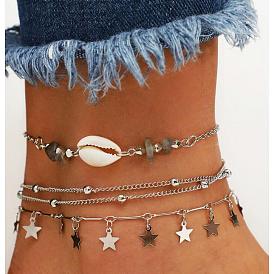 Natural Stone, Shell and Seashell Beaded Anklet Set with Geometric Five-pointed Star Pendant and Round Ball Chain