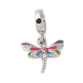 Rack Plating Alloy Rhinestone European Dangle Charms, Large Hole Dragonfly Pendants with Colorful Enamel, Cadmium Free & Nickel Free & Lead Free