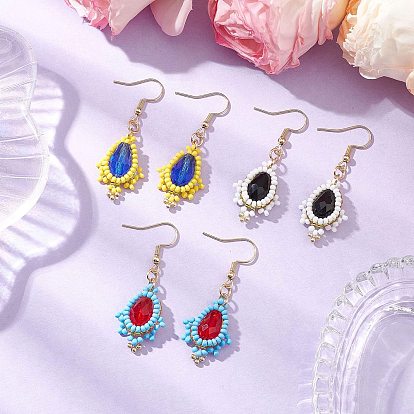 3Pairs 304 Stainless Steel Glass Dangle Earrings, Teardrop