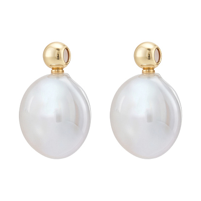 Natural Freshwater Pearl Pendants, Keshi Pearl Flat Round Charms with Brass Bails, Golden