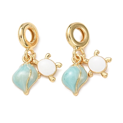 Подвески в виде европейских шармов из латуни с эмалью в морском стиле, Подвески в форме панциря черепахи с большим отверстием и жемчужиной из АБС-пластика., белый и светло-голубой