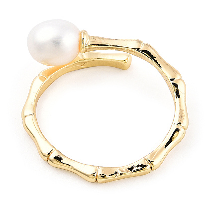 Natural Pearl Beaded Open Cuff Rings, Brass Bamboo Wrap Ring for Women