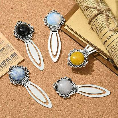 Flower Tibetan Style Alloy Bookmark Clips, Mixed Natural Gemstone Bookmarks